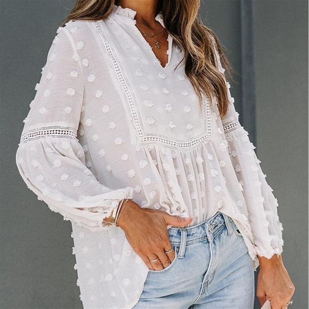 Shein White Textured Floral Dot Long Sleeve Blouse - Size M